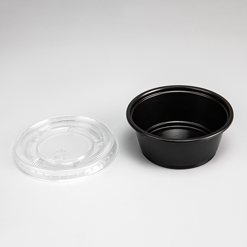 Vaso de salsa de plástico para mascotas transparente o negro de 2,5 oz